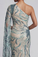 Load image into Gallery viewer, Sparkly Light Blue Long Mermaid Beaded Formal Dress with Side Cape