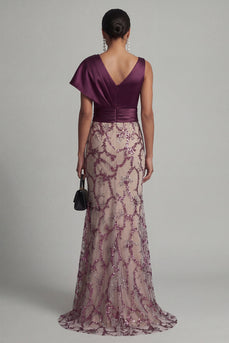 Sparkly Dark Purple V-Neck Mermaid Long Beaded Formal Dress