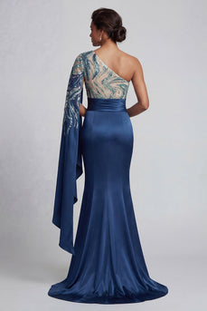 Sparkly Navy Beaded Mermaid Long Formal Dress with Side Cape