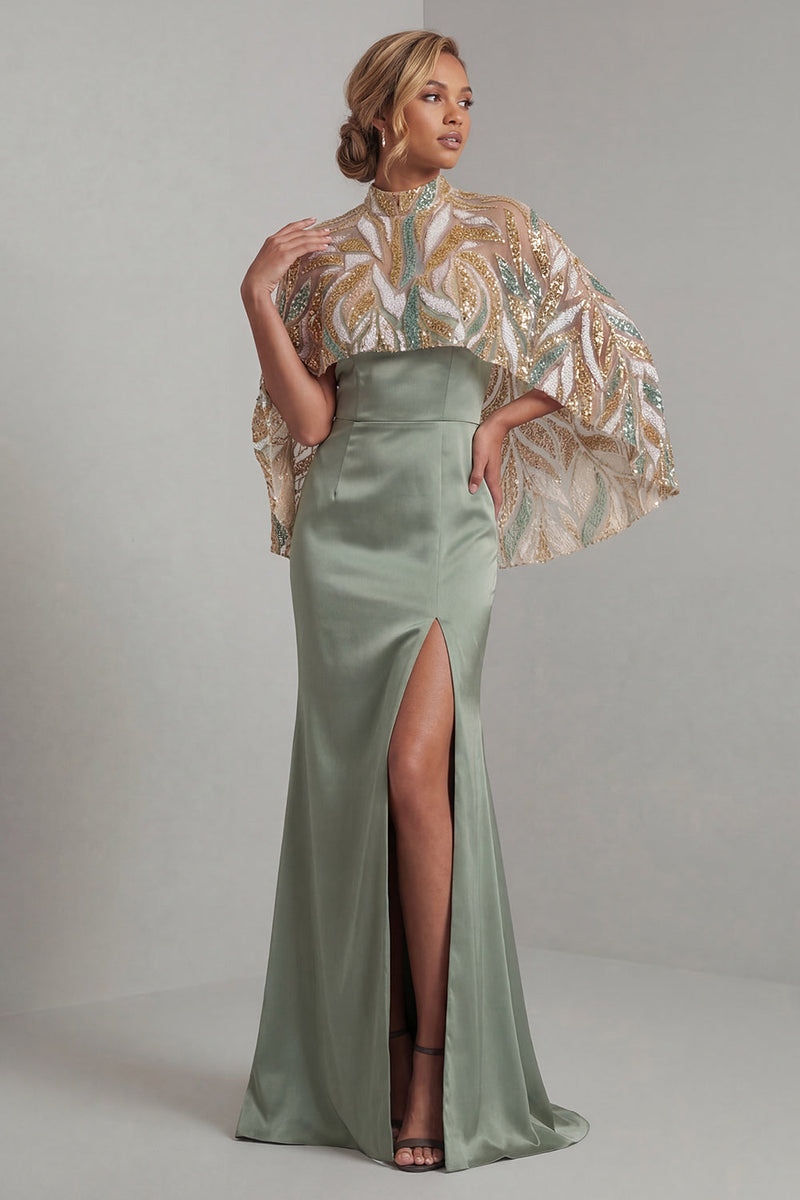 Load image into Gallery viewer, Sparkly Light Green Sequin Long Mermaid Formal Dress with Cape