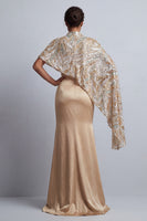 Load image into Gallery viewer, Sparkly Champagne Mermaid Beaded Long Formal Dress with Cape