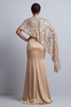 Sparkly Champagne Mermaid Beaded Long Formal Dress with Cape