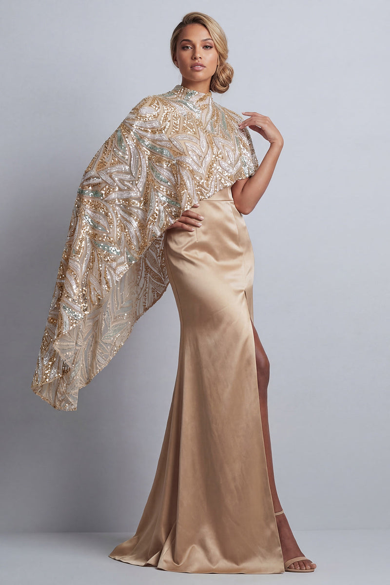 Load image into Gallery viewer, Sparkly Champagne Mermaid Beaded Long Formal Dress with Cape
