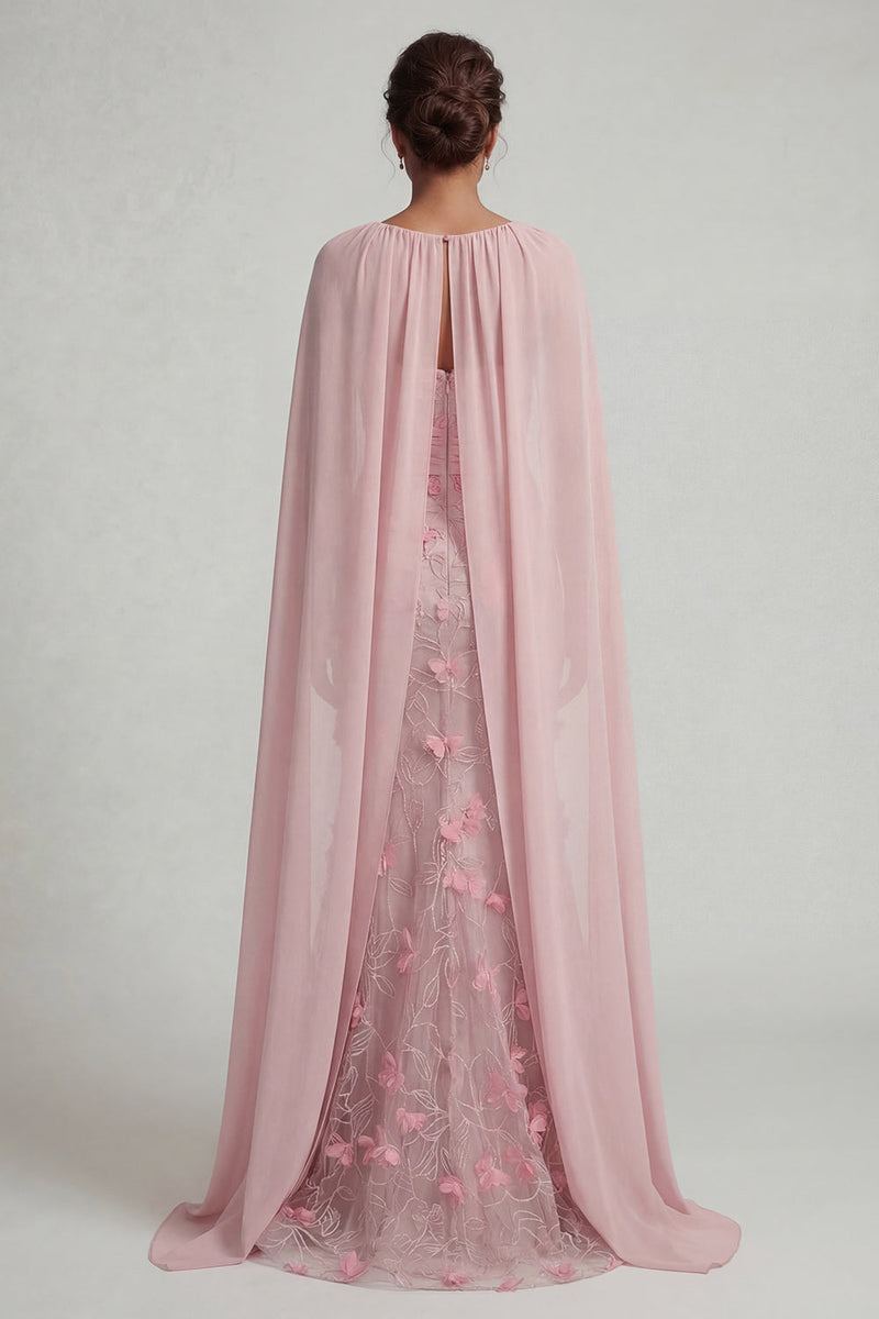 Load image into Gallery viewer, Pink Floral Ruched Strapless Mermaid Long Formal Dress with Shawl