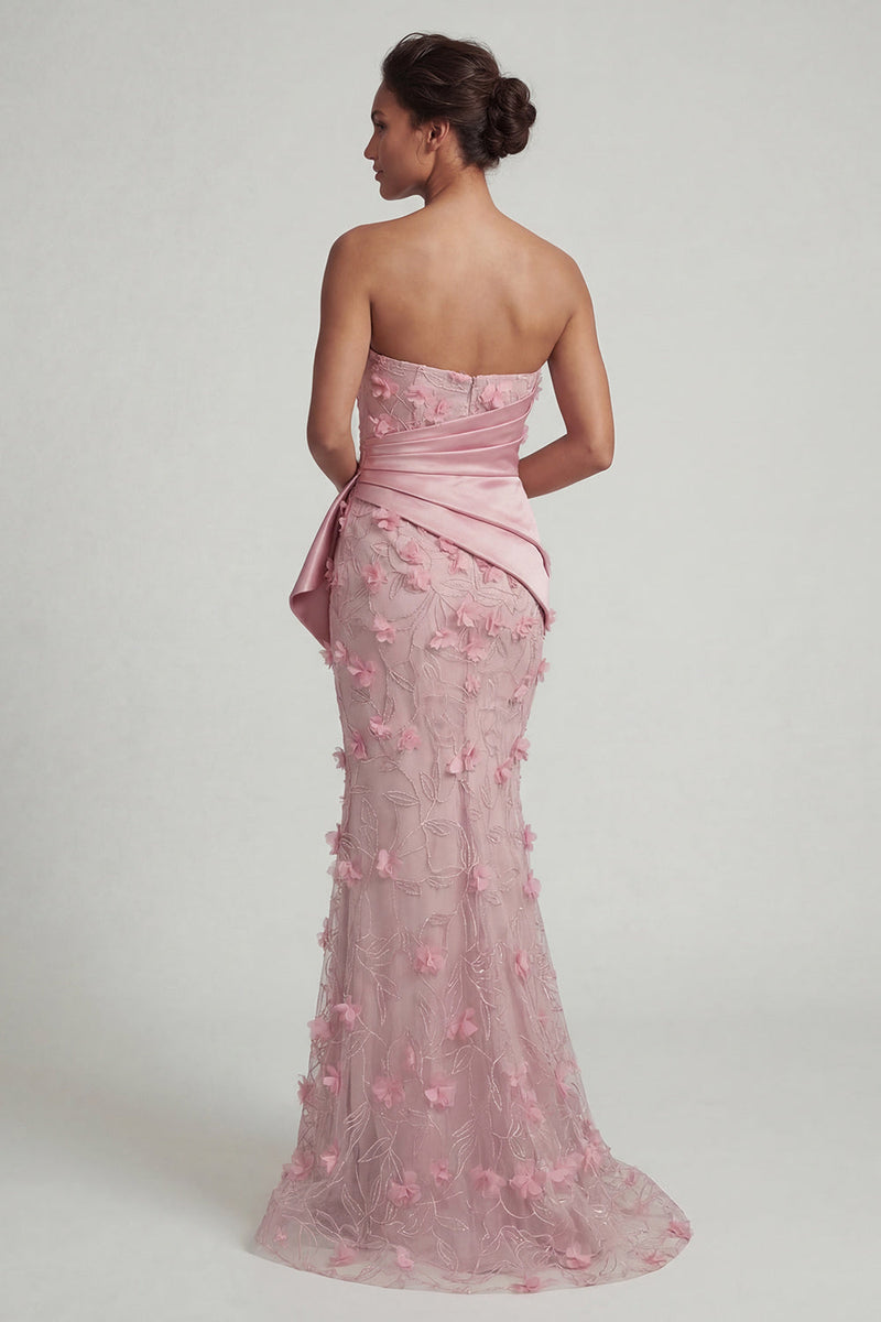 Load image into Gallery viewer, Pink Floral Ruched Strapless Mermaid Long Formal Dress with Shawl