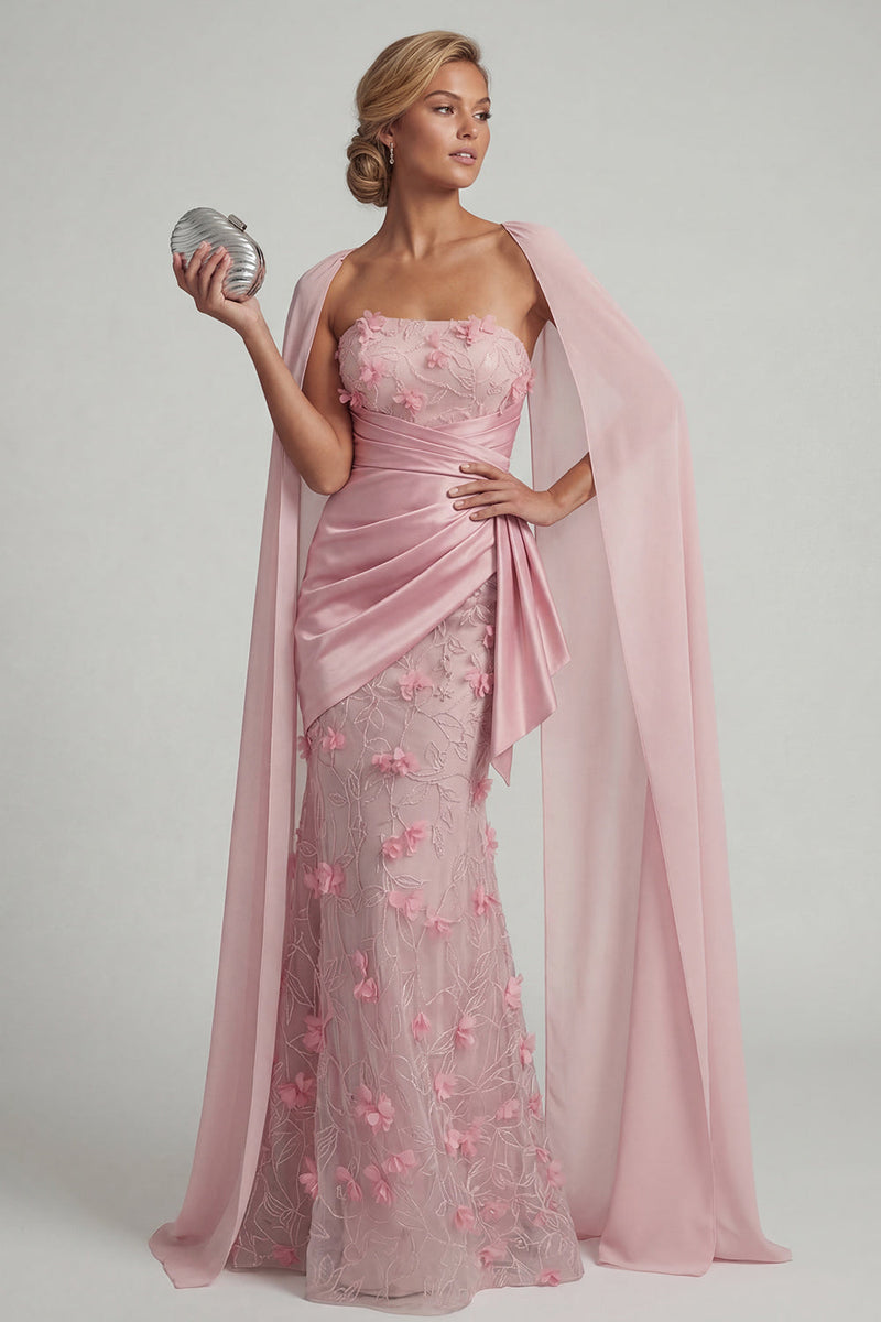 Load image into Gallery viewer, Pink Floral Ruched Strapless Mermaid Long Formal Dress with Shawl