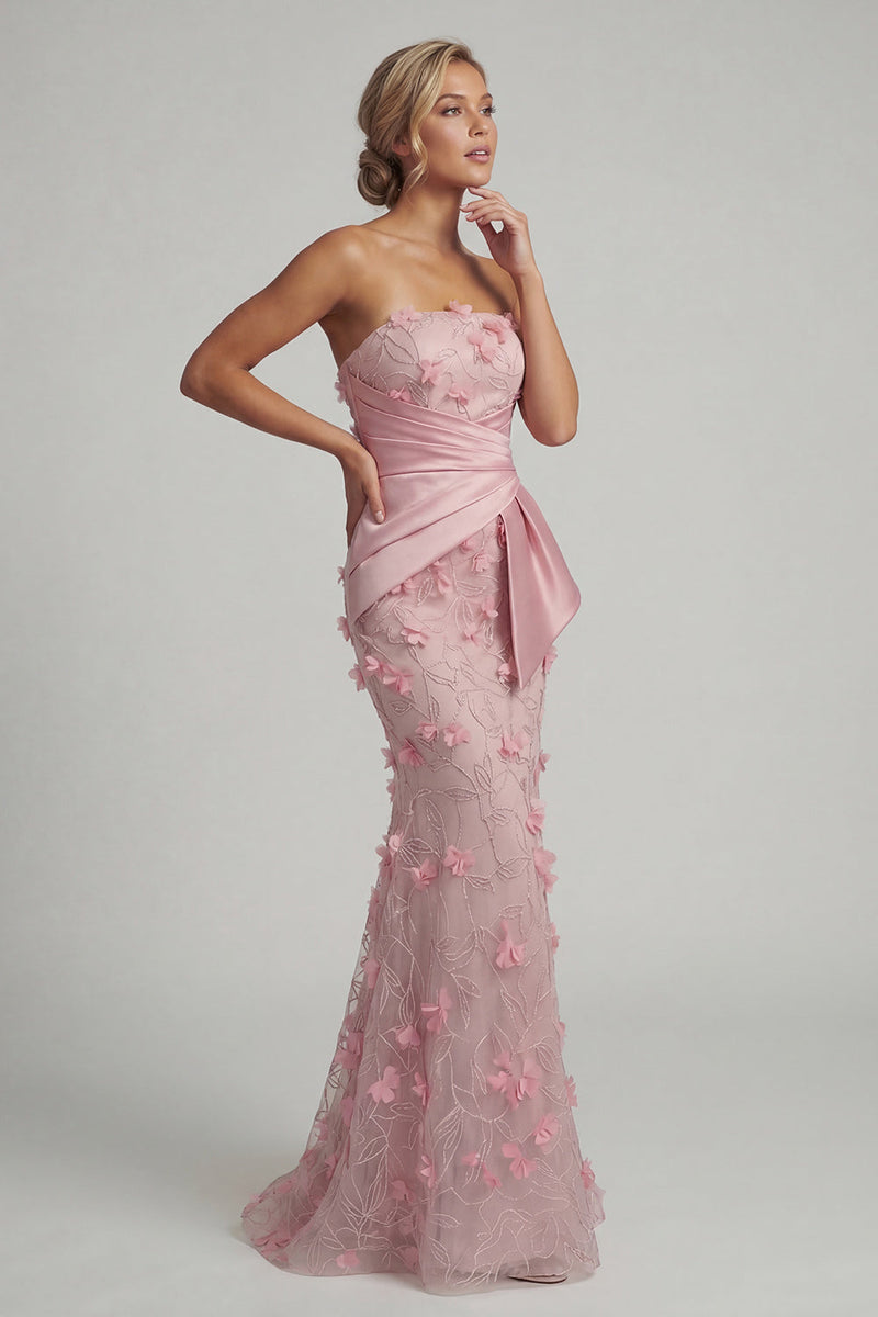 Load image into Gallery viewer, Pink Floral Ruched Strapless Mermaid Long Formal Dress with Shawl