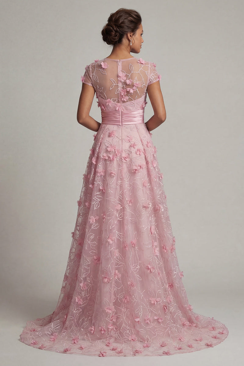 Load image into Gallery viewer, Pink A Line Long Floral Short Sleeves Formal Dress