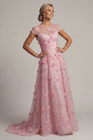 Load image into Gallery viewer, Pink A Line Long Floral Short Sleeves Formal Dress