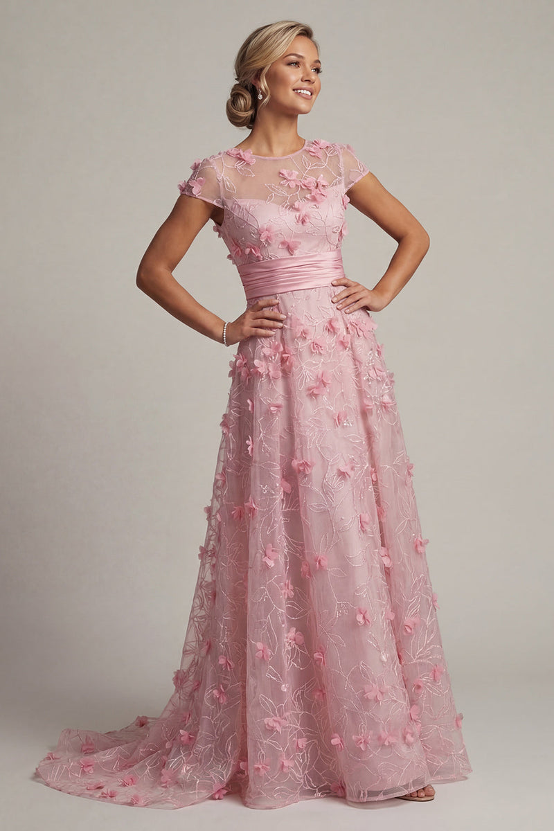 Load image into Gallery viewer, Pink A Line Long Floral Short Sleeves Formal Dress