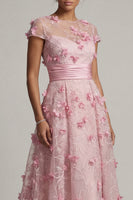 Load image into Gallery viewer, Pink A Line Long Floral Short Sleeves Formal Dress