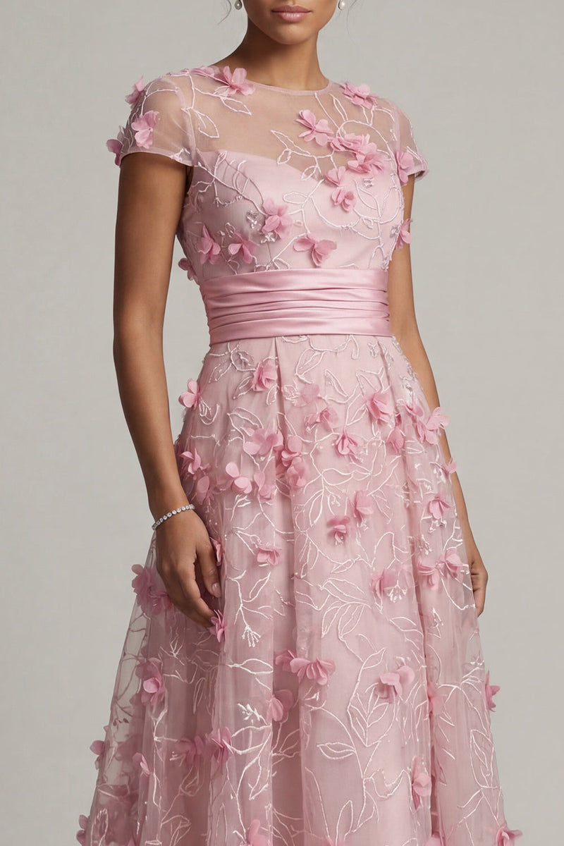 Load image into Gallery viewer, Pink A Line Long Floral Short Sleeves Formal Dress