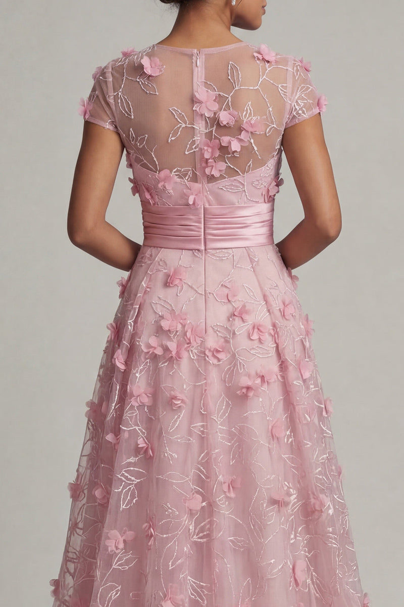 Load image into Gallery viewer, Pink A Line Long Floral Short Sleeves Formal Dress