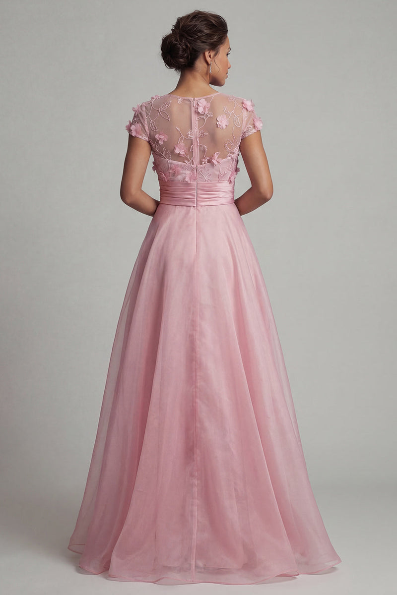 Load image into Gallery viewer, Pink Short Sleeves A Line Long Floral Formal Dress