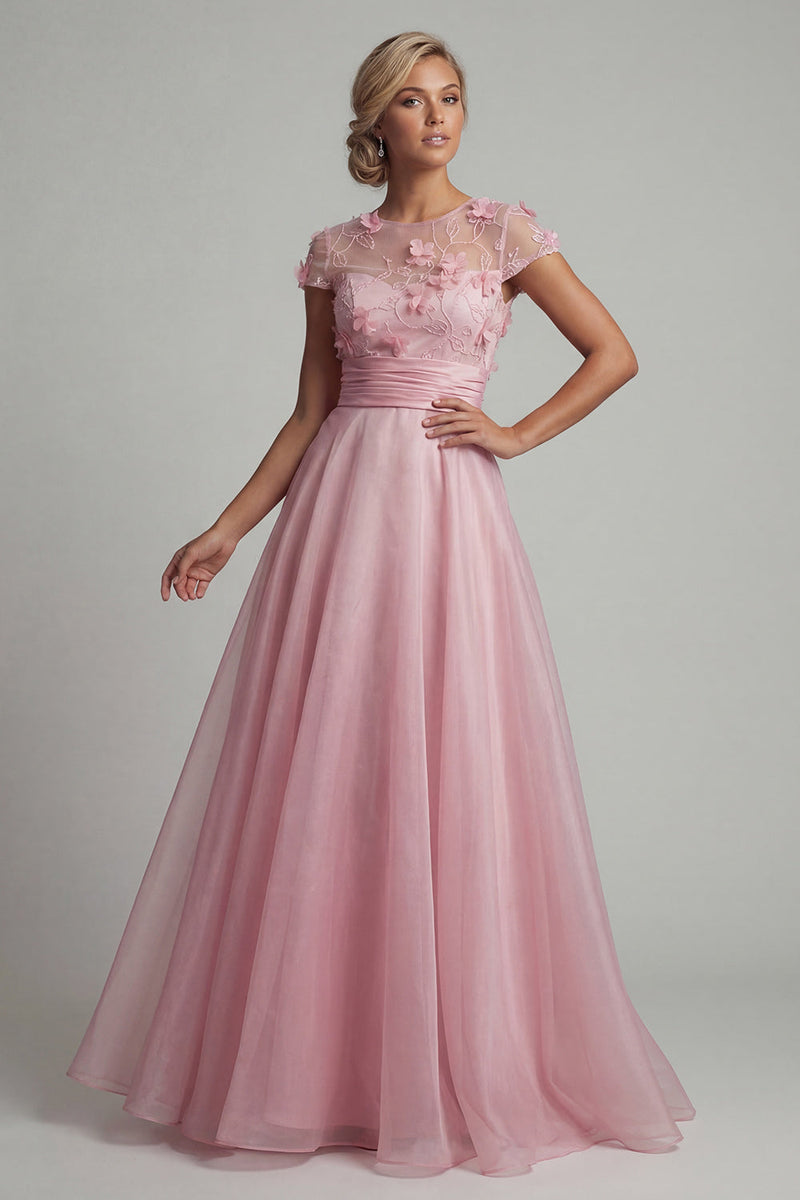 Load image into Gallery viewer, Pink Short Sleeves A Line Long Floral Formal Dress