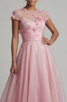 Load image into Gallery viewer, Pink Short Sleeves A Line Long Floral Formal Dress