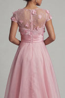 Load image into Gallery viewer, Pink Short Sleeves A Line Long Floral Formal Dress