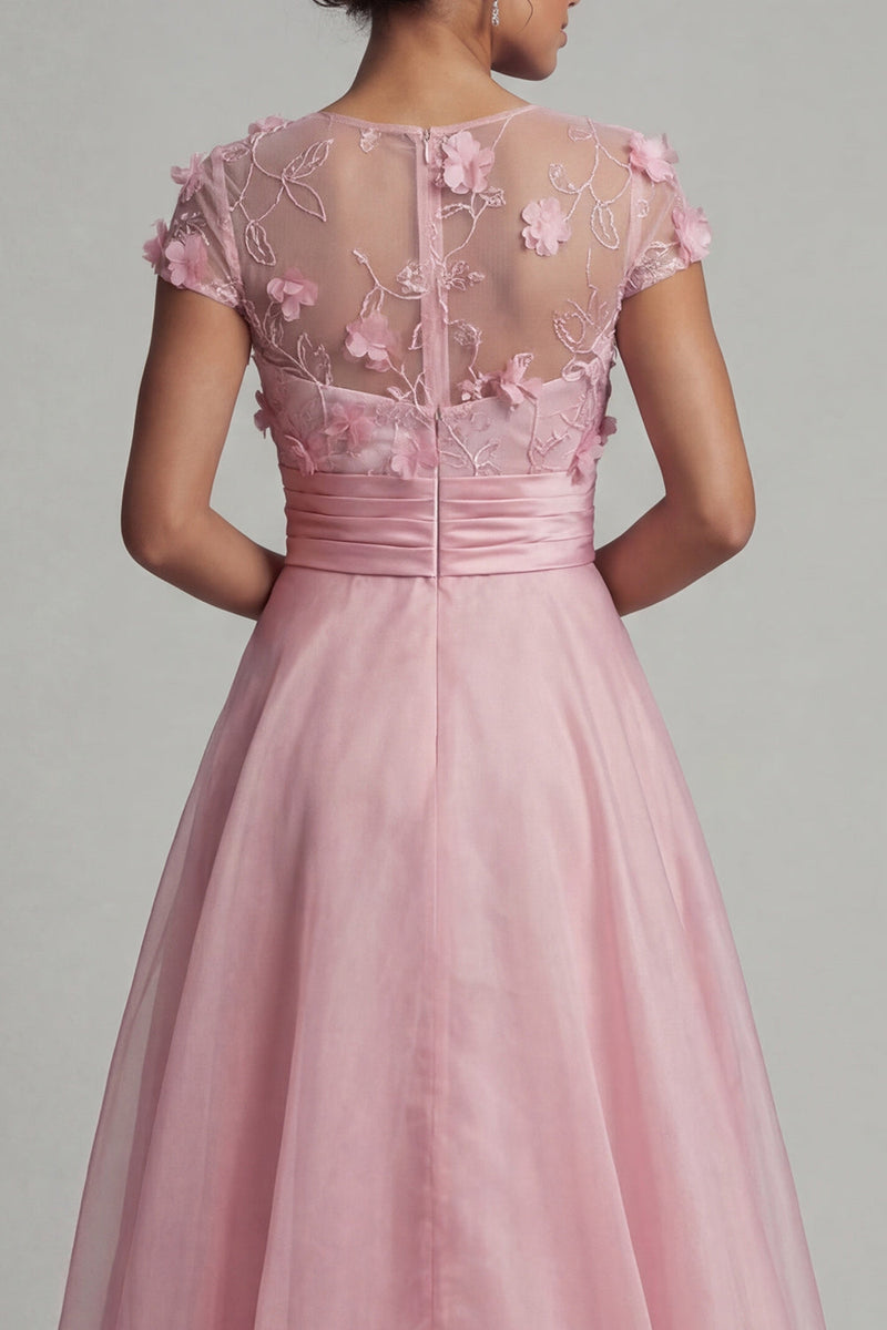 Load image into Gallery viewer, Pink Short Sleeves A Line Long Floral Formal Dress