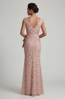 Load image into Gallery viewer, Sparkly Blush Beaded V-Neck Mermaid Ruched Long Formal Dress
