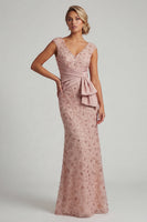 Load image into Gallery viewer, Sparkly Blush Beaded V-Neck Mermaid Ruched Long Formal Dress