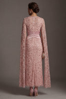 Load image into Gallery viewer, Sparkly Blush Beaded Mermaid Ruched Long Formal Dress with Cape