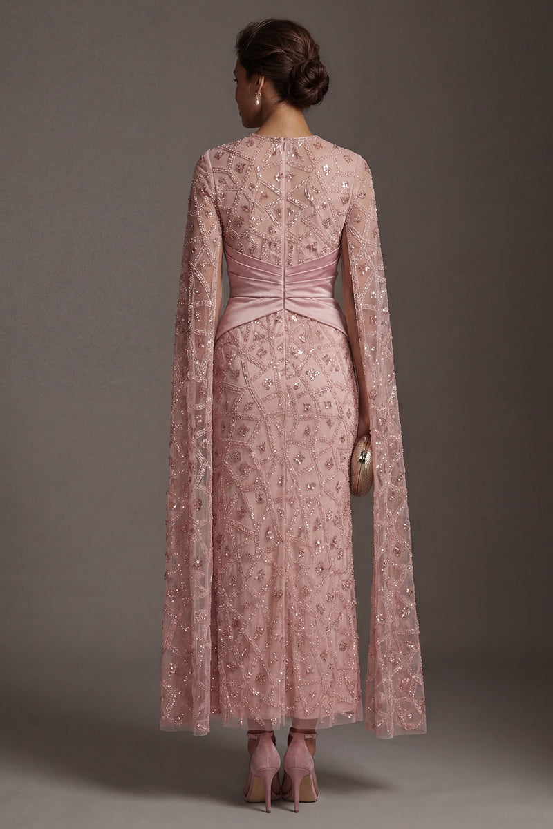 Load image into Gallery viewer, Sparkly Blush Beaded Mermaid Ruched Long Formal Dress with Cape
