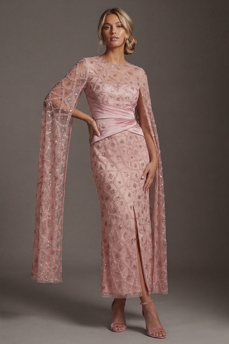 Load image into Gallery viewer, Sparkly Blush Beaded Mermaid Ruched Long Formal Dress with Cape