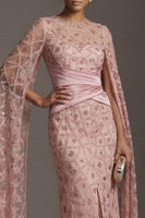 Load image into Gallery viewer, Sparkly Blush Beaded Mermaid Ruched Long Formal Dress with Cape