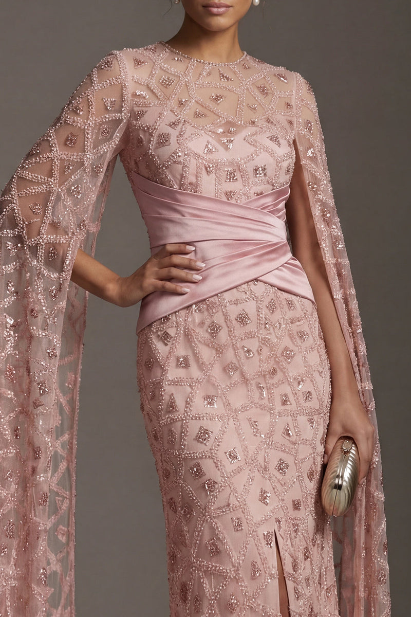 Load image into Gallery viewer, Sparkly Blush Beaded Mermaid Ruched Long Formal Dress with Cape