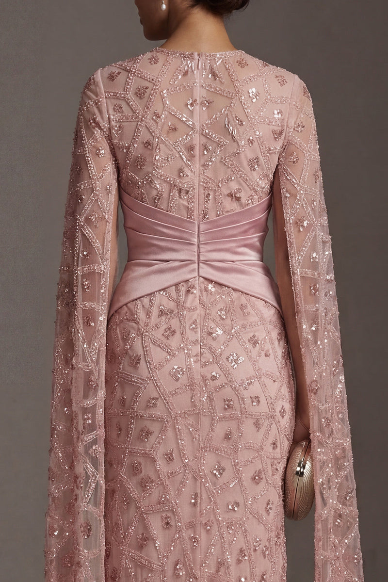 Load image into Gallery viewer, Sparkly Blush Beaded Mermaid Ruched Long Formal Dress with Cape