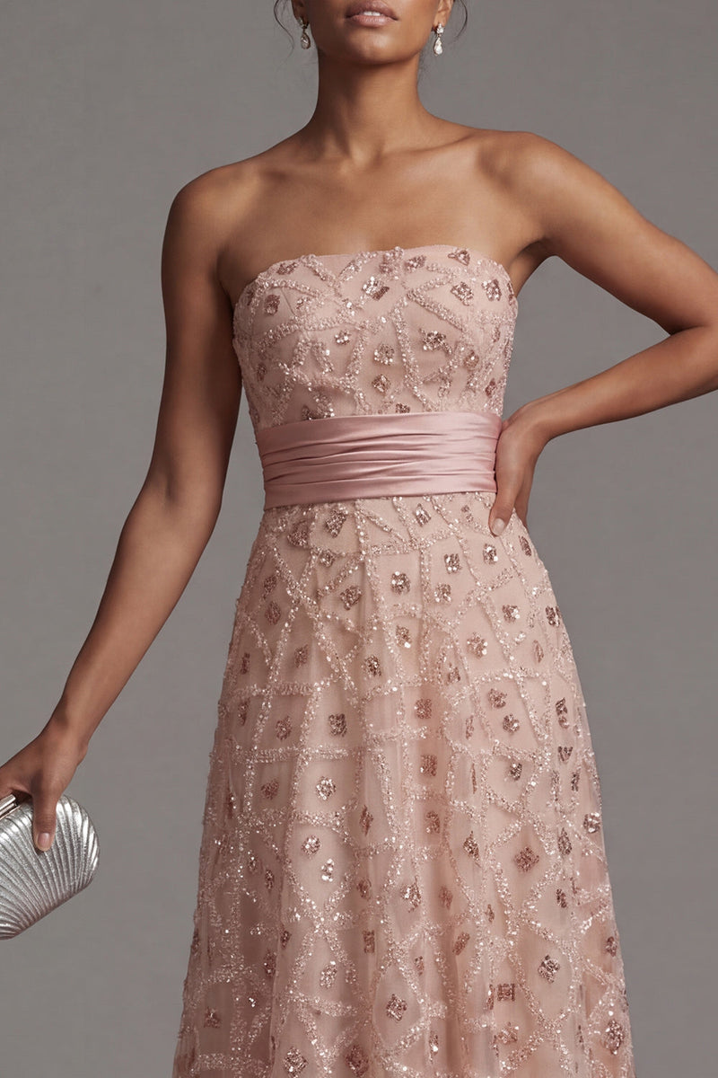 Load image into Gallery viewer, Sparkly Blush Strapless A Line Long Beaded Mother of the Bride Dress with Cape