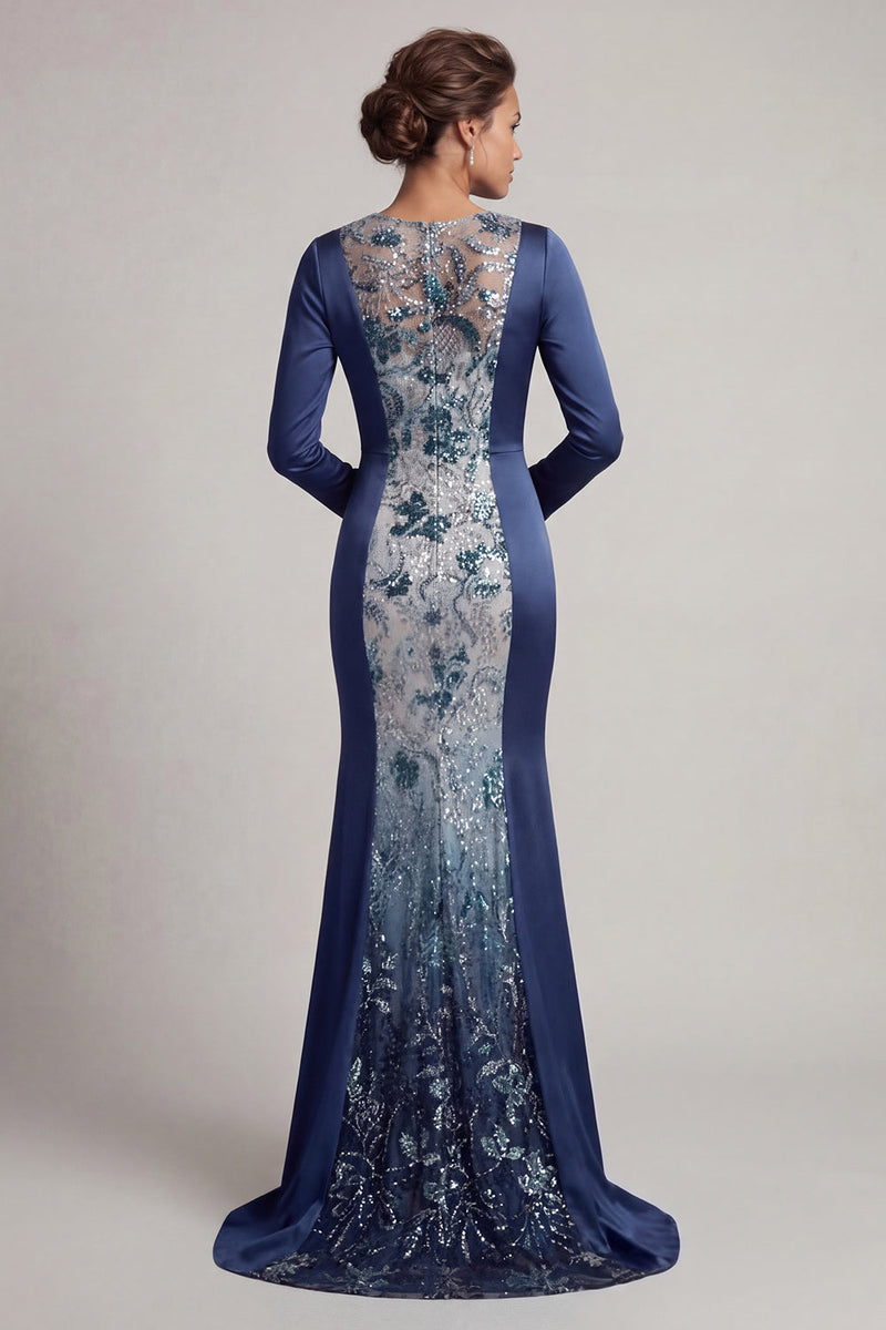 Load image into Gallery viewer, Sparkly Navy Beaded Mermaid Long Round Neck Formal Dress
