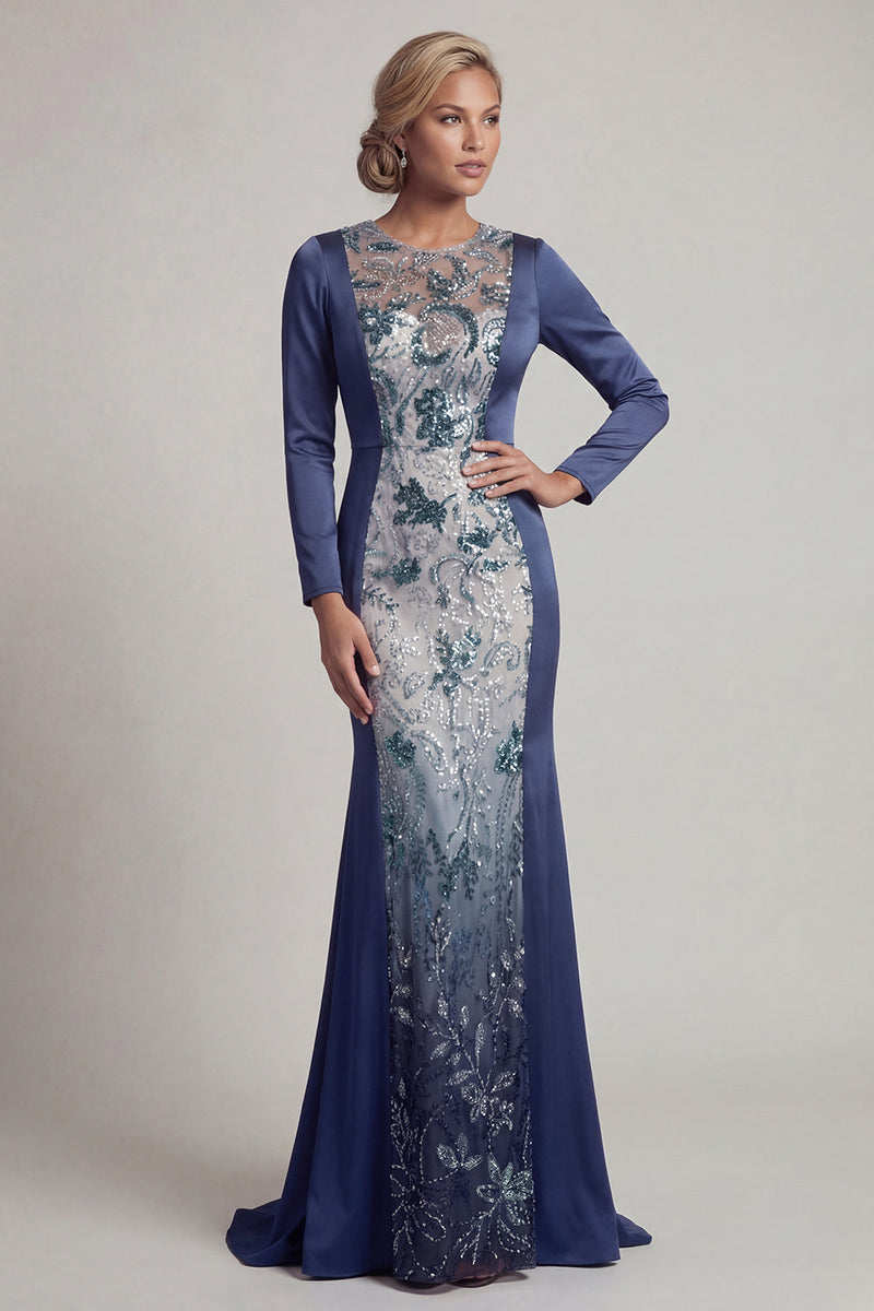 Load image into Gallery viewer, Sparkly Navy Beaded Mermaid Long Round Neck Formal Dress