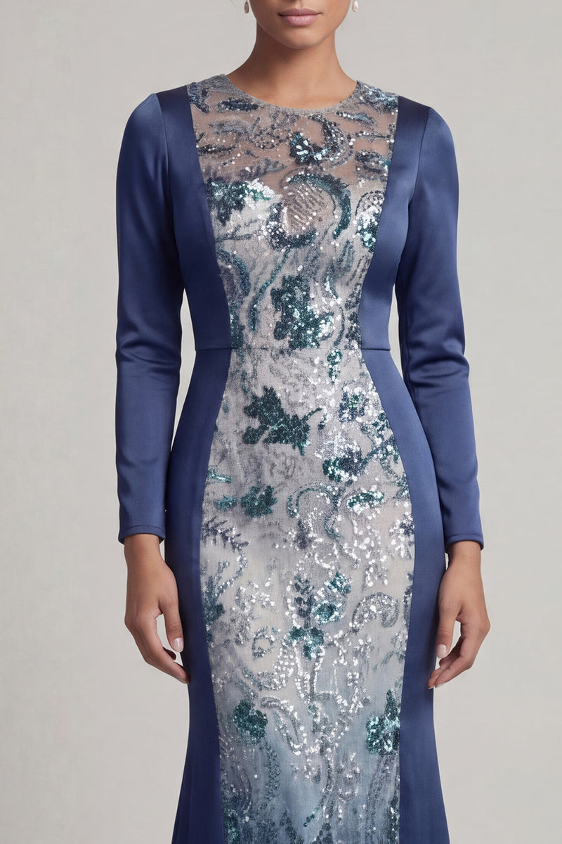 Load image into Gallery viewer, Sparkly Navy Beaded Mermaid Long Round Neck Formal Dress
