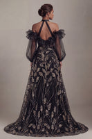 Load image into Gallery viewer, Sparkly Black Beaded Ruffled Long Halter A Line Formal Dress with Slit