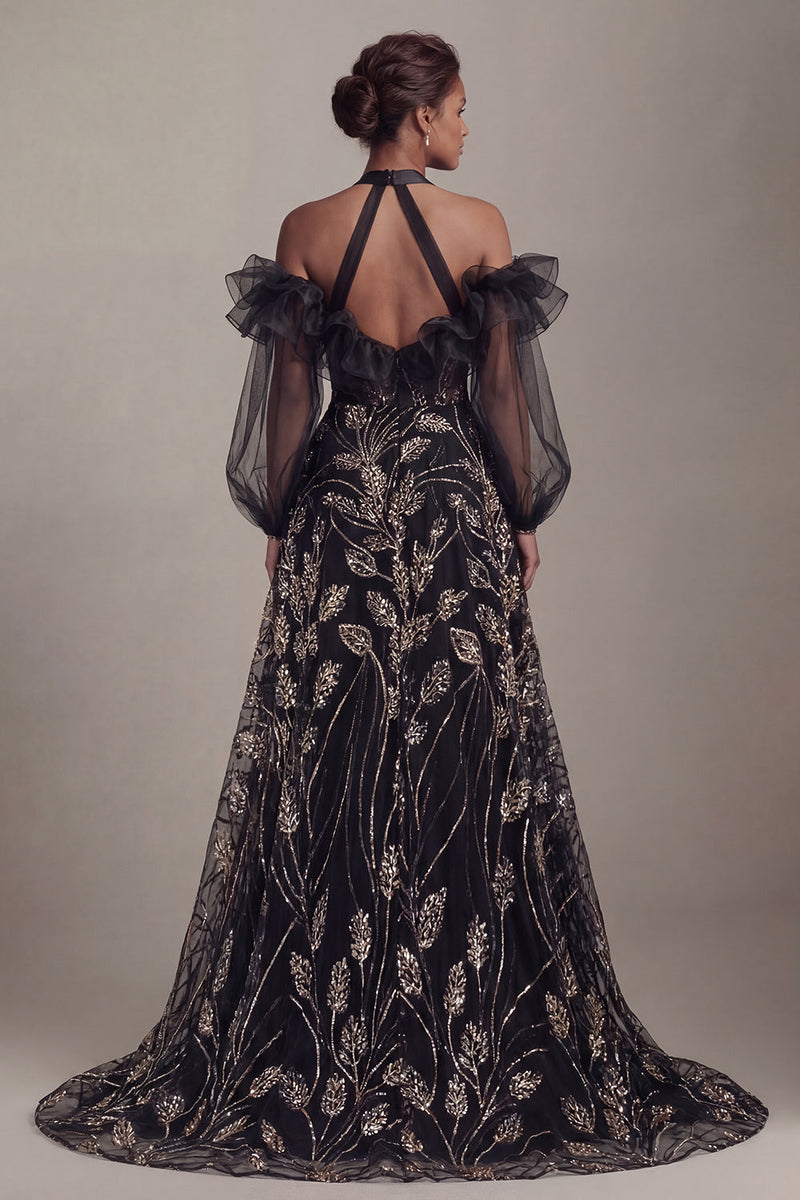 Load image into Gallery viewer, Sparkly Black Beaded Ruffled Long Halter A Line Formal Dress with Slit