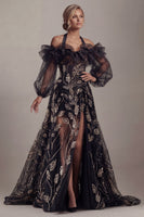 Load image into Gallery viewer, Sparkly Black Beaded Ruffled Long Halter A Line Formal Dress with Slit