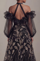 Load image into Gallery viewer, Sparkly Black Beaded Ruffled Long Halter A Line Formal Dress with Slit