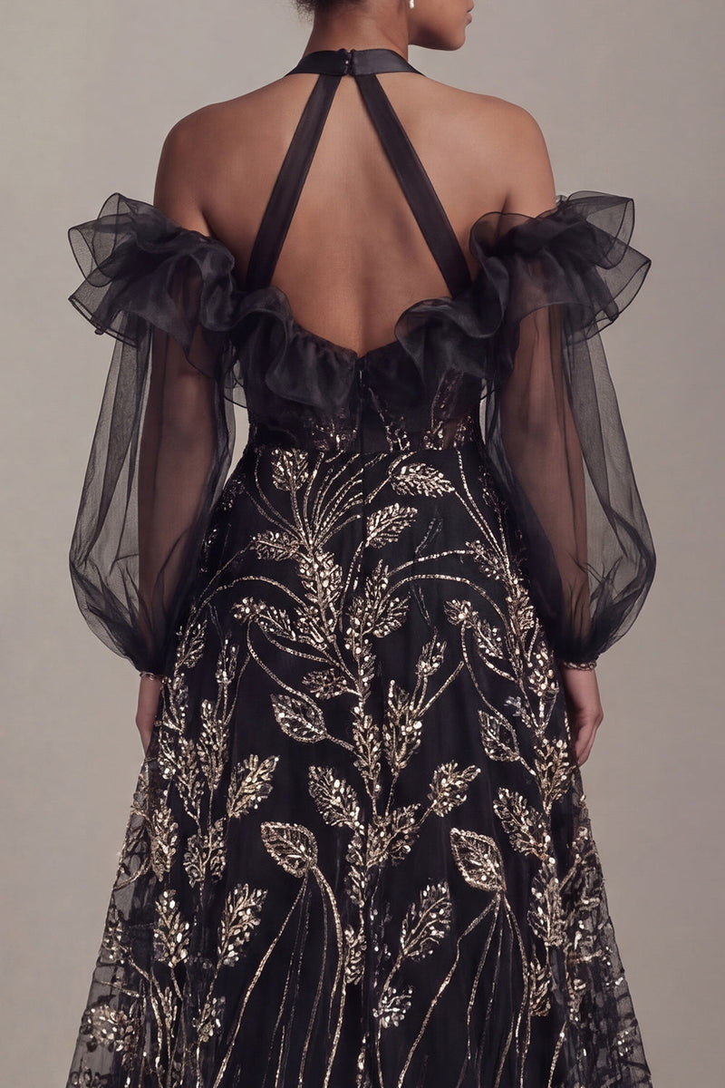 Load image into Gallery viewer, Sparkly Black Beaded Ruffled Long Halter A Line Formal Dress with Slit
