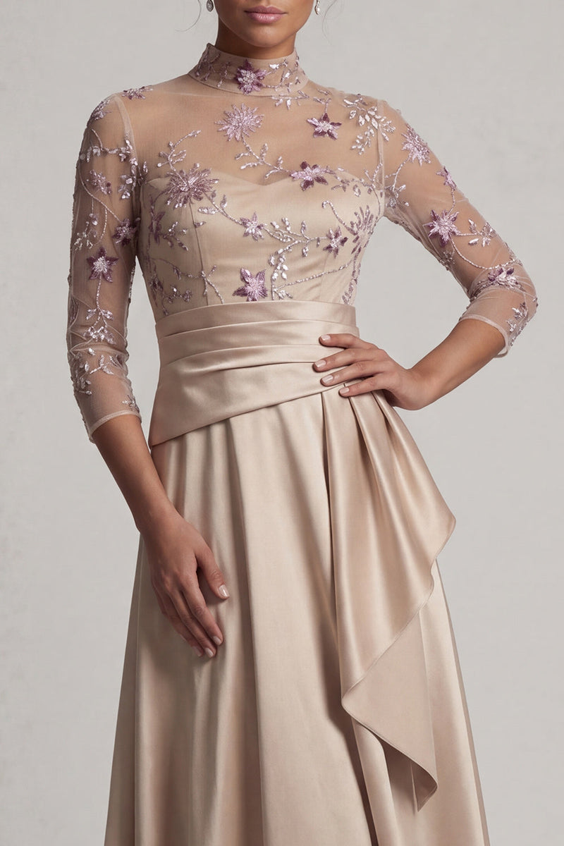 Load image into Gallery viewer, Champagne Floral Long A Line Ruched Formal Dress with Ruffles