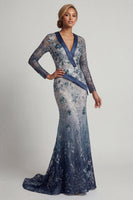 Load image into Gallery viewer, Sparkly Navy Floral V Neck Beaded Long Mermaid Formal Dress