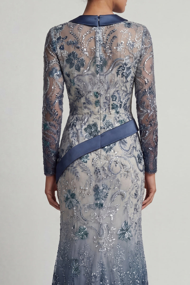 Load image into Gallery viewer, Sparkly Navy Floral V Neck Beaded Long Mermaid Formal Dress