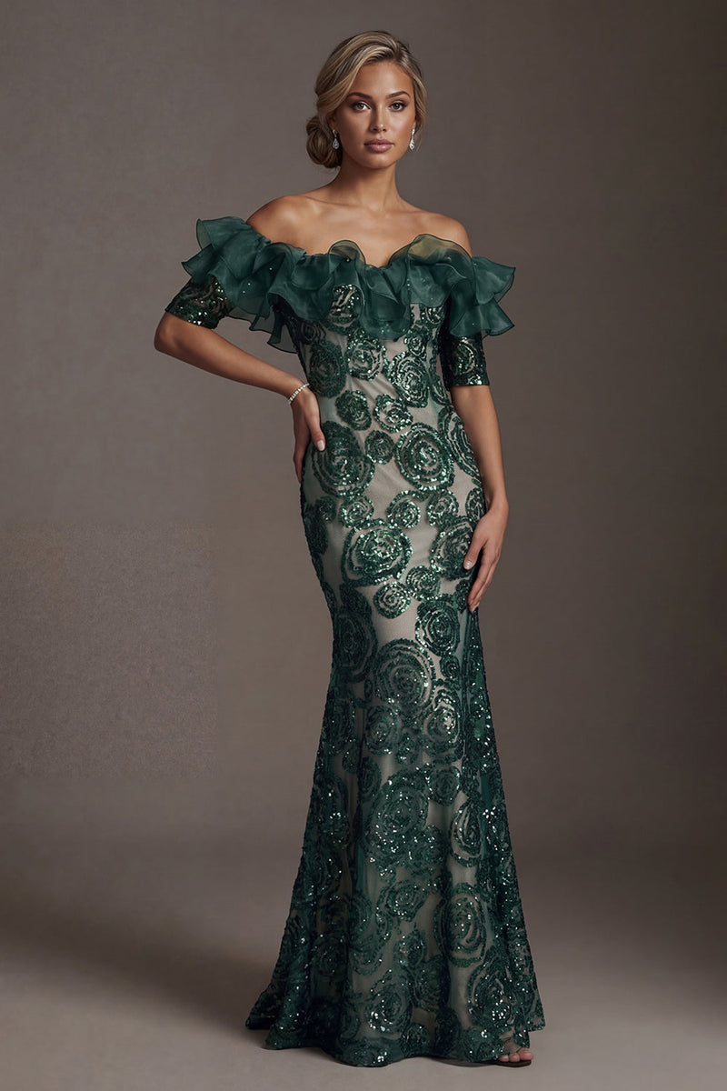 Load image into Gallery viewer, Sparkly Dark Green Beaded Mermaid Long Formal Dress with Ruffles