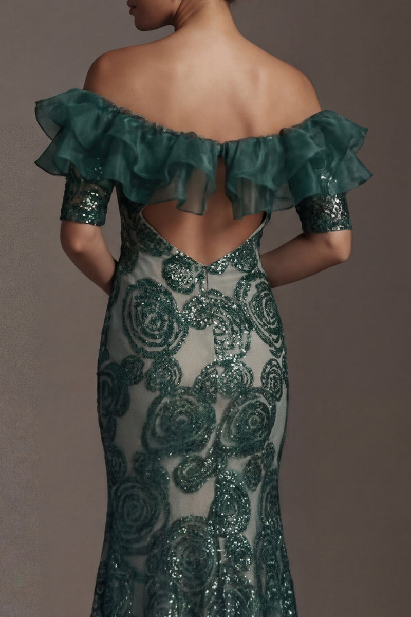 Load image into Gallery viewer, Sparkly Dark Green Beaded Mermaid Long Formal Dress with Ruffles
