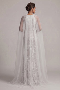 Sparkly Ivory Beaded Boat Neck Mermaid Long Formal Dress with Cape