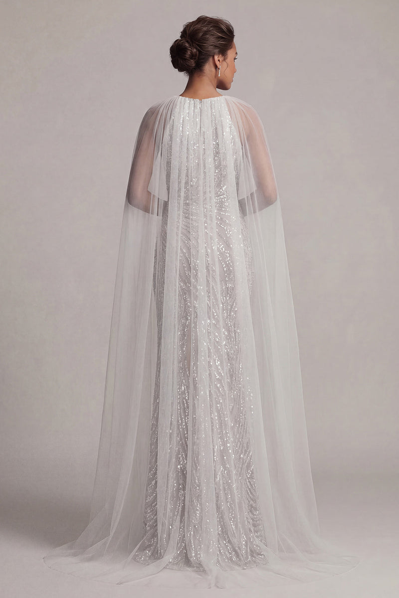 Load image into Gallery viewer, Sparkly Ivory Beaded Boat Neck Mermaid Long Formal Dress with Cape
