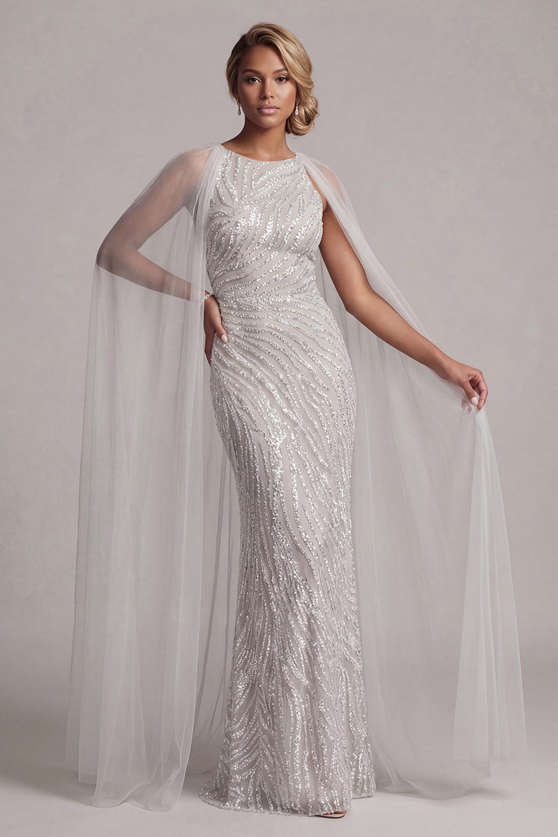 Load image into Gallery viewer, Sparkly Ivory Beaded Boat Neck Mermaid Long Formal Dress with Cape