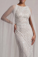 Load image into Gallery viewer, Sparkly Ivory Beaded Boat Neck Mermaid Long Formal Dress with Cape