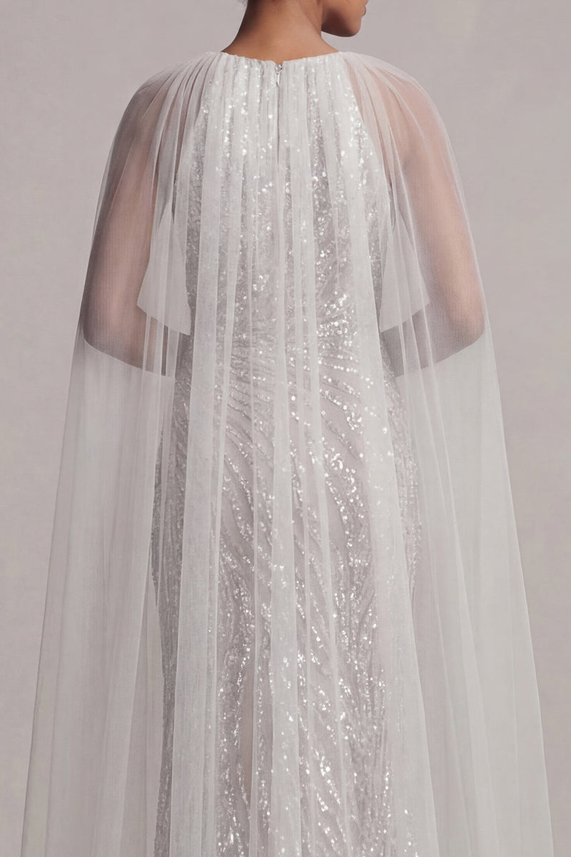 Load image into Gallery viewer, Sparkly Ivory Beaded Boat Neck Mermaid Long Formal Dress with Cape