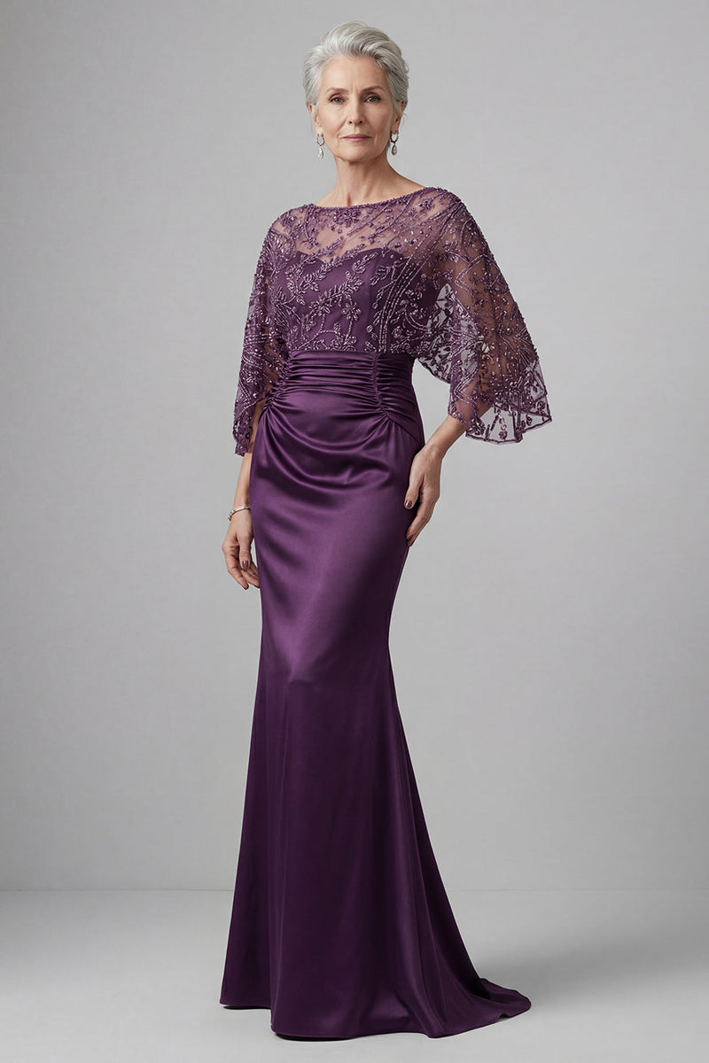 Load image into Gallery viewer, Sparkly Dark Purple Boat Neck Mermaid Beaded Long Mother of the Bride Dress